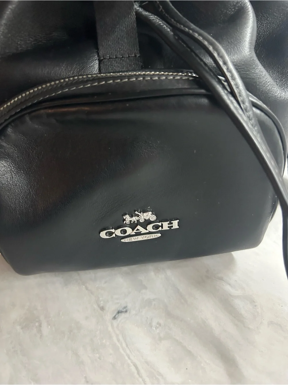 Coach Black Leather Logo Drawstring Backpack - Picture 5 of 12